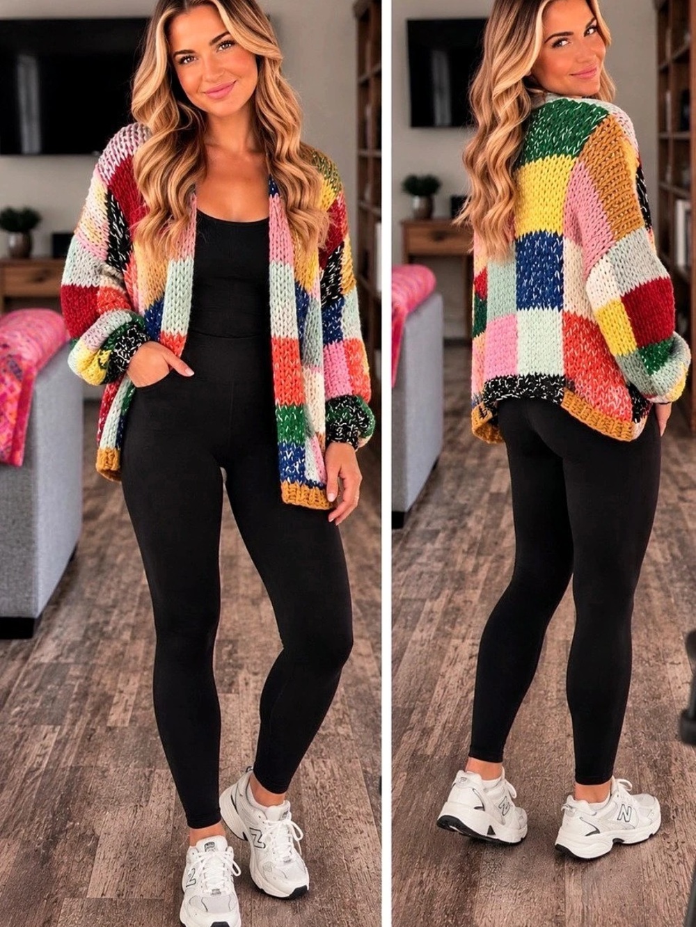 Colorful Patchwork Knit Open Front Cardigan Sweater – Large